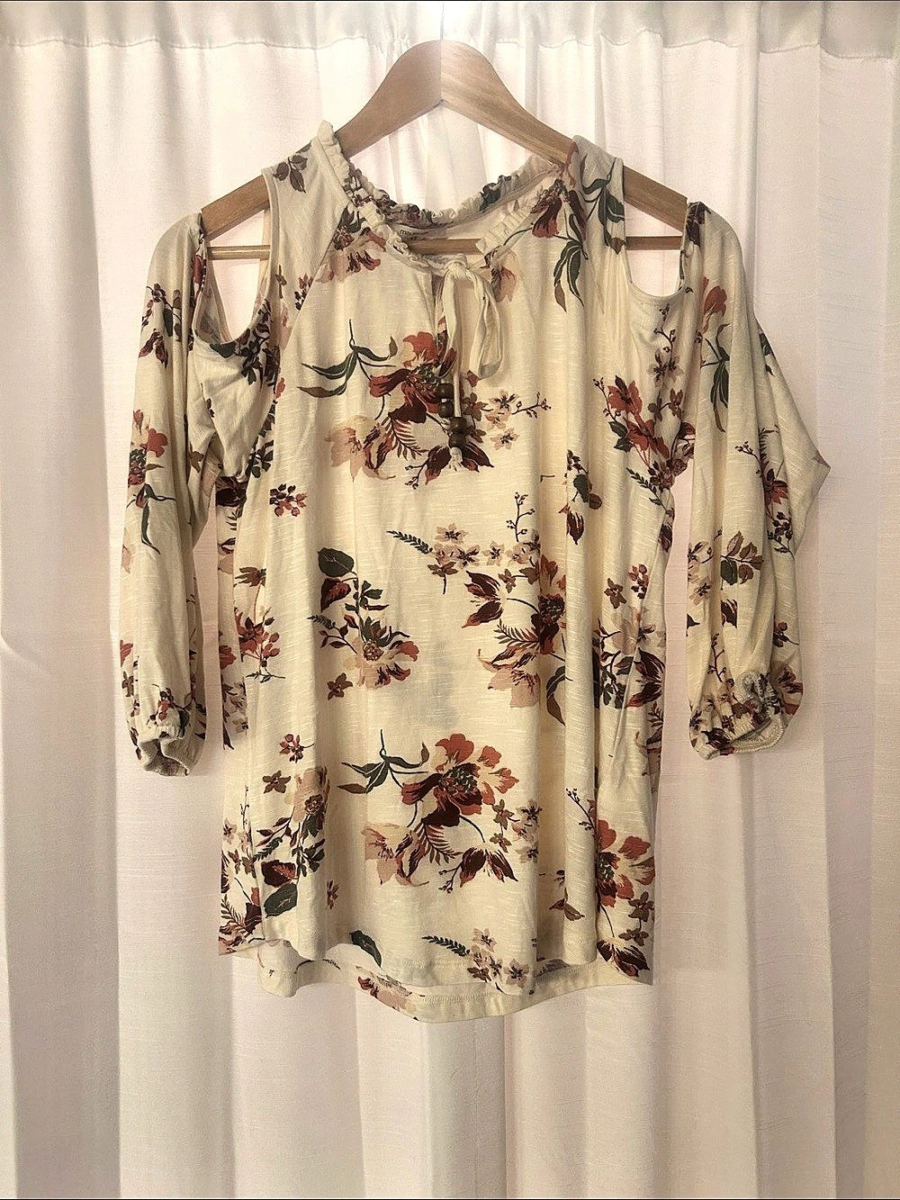 Maurices Floral Cold Shoulder Beaded Tie Neck Blouse